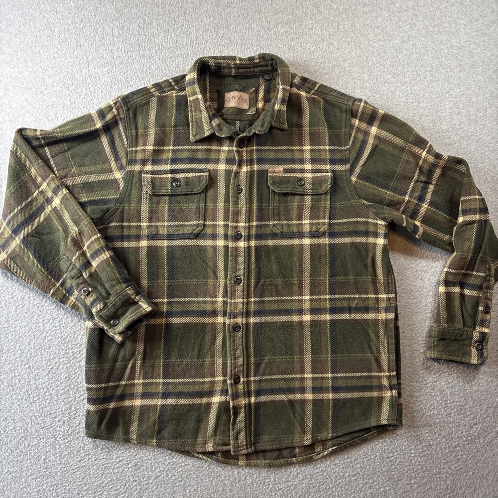 ORVIS Heavy Men's Flannel Green Plaid Button Up Sz L Hand Pockets Classic Warm